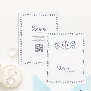 Dammblå Vintage Monogram QR-kod Bröllops-RSVP C OSA Kort