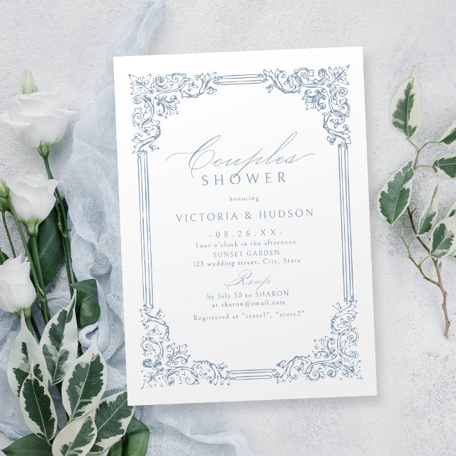 Dammblå Vintage Ram Elegant Bröllopsdusch Inbjudningar (Dusty Blue Vintage Frame Elegant Couples Shower Invitation)