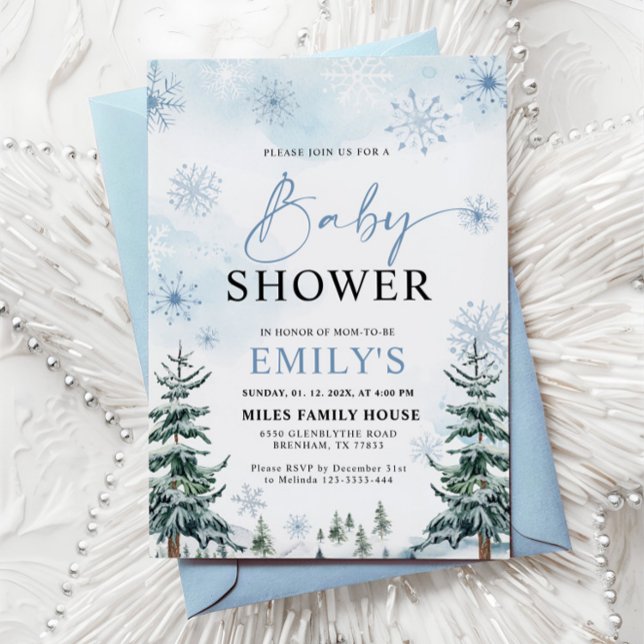 Dammblå Vintervonderland Baby Shower Inbjudningar (Skapare uppladdad)