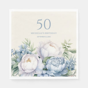 Dammblå vit blommig 50-årsdag namn pappersservett