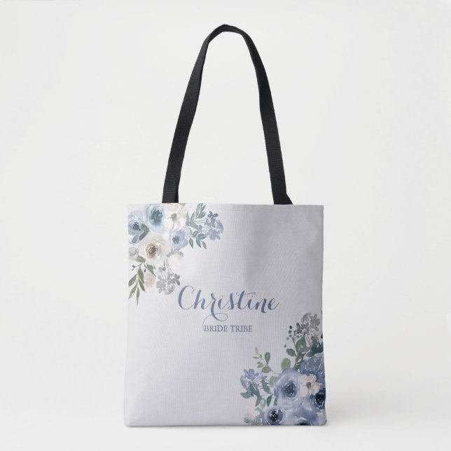 Dammblå vit blomsterbrud stam-totebag tygkasse (Framsida)