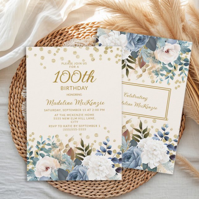 Dammblå vit blomsterguld 100-årsdag inbjudningar (Skapare uppladdad)