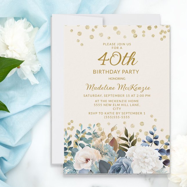 Dammblå vit blomsterguld 40-årsdag inbjudningar (Skapare uppladdad)