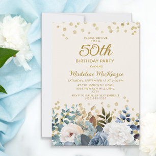 Dammblå vit blomsterguld 50-årsdag inbjudningar