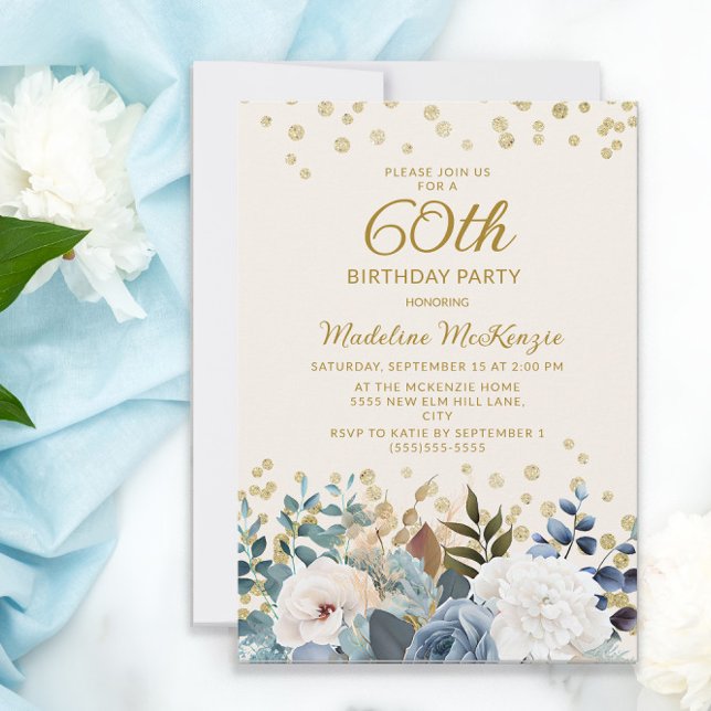Dammblå vit blomsterguld 60-årsdag inbjudningar (Skapare uppladdad)