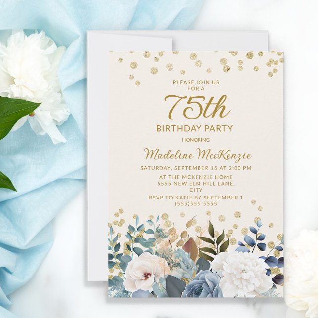 Dammblå vit blomsterguld 75-årsdag inbjudningar (Skapare uppladdad)