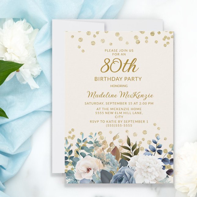 Dammblå vit blomsterguld 80-årsdag inbjudningar (Skapare uppladdad)