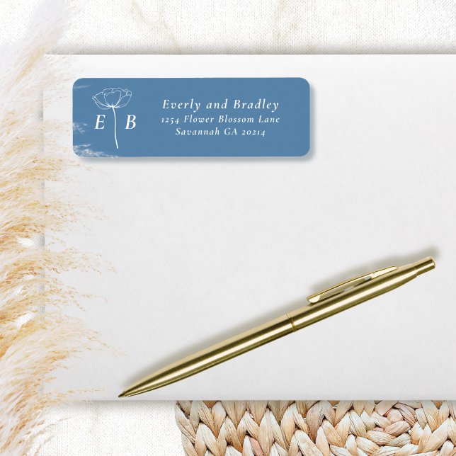 Dammblå vit monogram flitig accentadress returadress etikett (Skapare uppladdad)