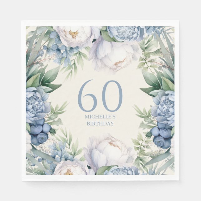 Dammblå vita blommor 60-årsdag pappersservett (Framsidan)