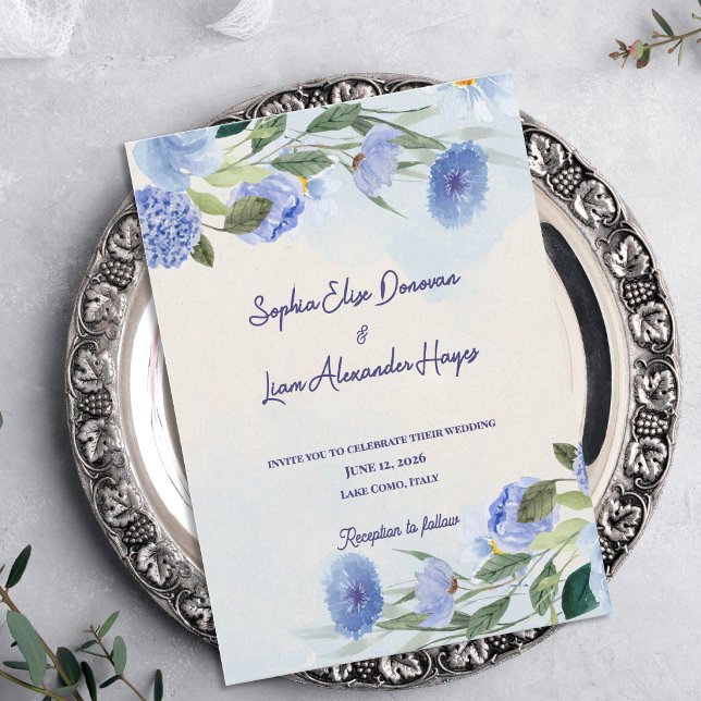 Dammblått akvarell blomster botanisk bröllop inbjudningar (Dusty Blue Watercolor Floral Wedding Invitation | Elegant Minimal Botanical Wedding Invite)