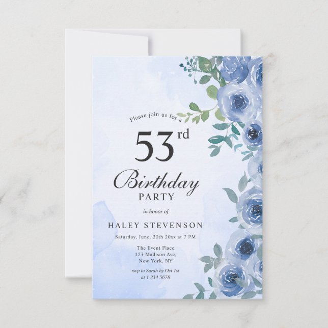 Dammblått akvarell blomsterelegant 53-årsdag i inbjudningar (Framsida)