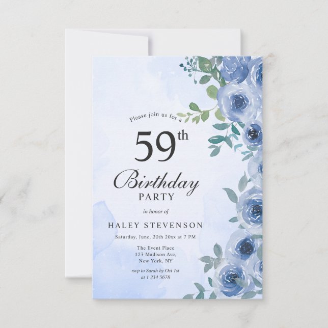 Dammblått akvarellblommor Chic 59-årsdag i Inbjudningar (Framsida)