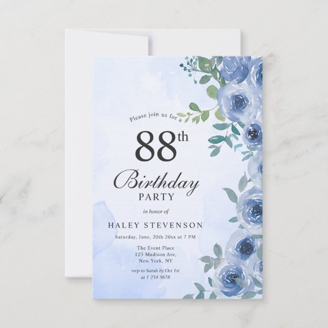 Dammblått akvarellblommor Chic 88-årsdag Inbjudningar (Framsida)