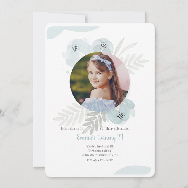 Dammblått akvarellfoto inbjudningar (Framsida)