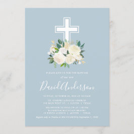 Dammblått kors med krämfärgade blommor, dop pojke inbjudningar