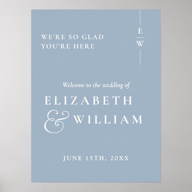 Dammblått modernt monogram bröllopsväkommen skylt (Framsidan)