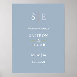Dammblått och guldmonogram välkomstskylt för bröll poster