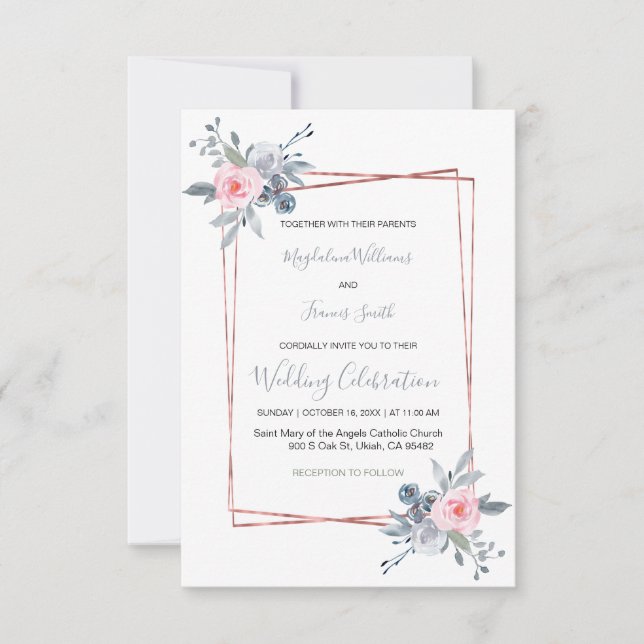 dammblått och ro rosa bröllop inbjudningar (Framsida)