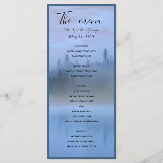 dammblått skogslandskap bröllop meny (Framsida)