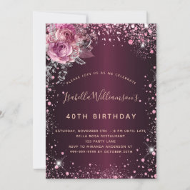 Dammburguny rosa glitter stoft blommigt inbjudningar