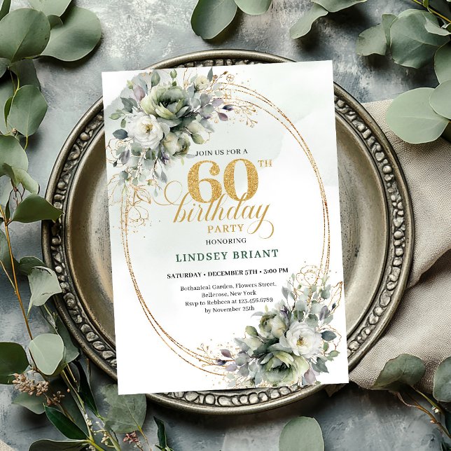 Dammgrön 60-års födelsedags grönskande inbjudan (Dusty Green 60th Birthday Greenery Invite

)