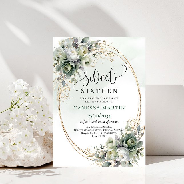 Dammgrön botanisk söt 16-års födelsedagsinbjudan inbjudningar (Dusty Green Botanical Sweet 16 Birthday Invitation)