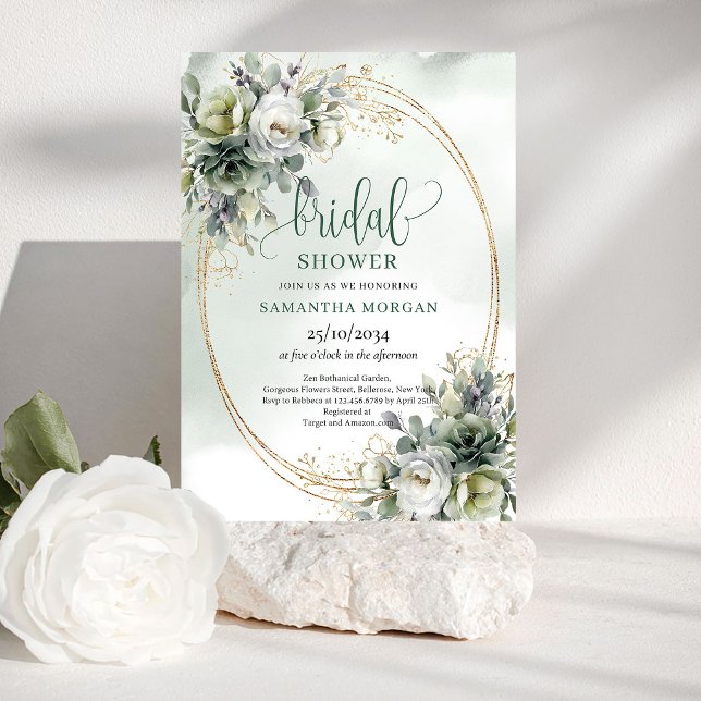 Dammgrön bröllopsduschinbjudan med lövverk inbjudningar (Dusty Green Foliage Bridal Shower Invitation)