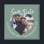 Dammgrön Foto Modern Script Spara datumet Magnet<br><div class="desc">Damgrönt modernt foto manus spara datum magnet med ett hjärtformat fotofönster, nedtonad grön bakgrund och handskriven manus text i vitt. Denna design visar ert förlovningsfoto medan den tydligt presenterar datum och plats för bröllopet i en lugn, organisk färgpalett som passar en mängd olika bröllopsstilar. Perfekt för bröllop, utomhusfirande, destinationsevenemang eller...</div>