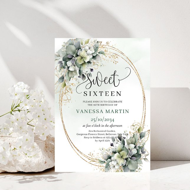 Dammgrön grönska Söt sexton Boho-inbjudan Inbjudningar (Dusty Green Greenery Sweet Sixteen Boho Invitation)