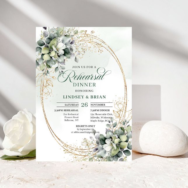 Dammgrön lövdynn rehearsal middagsinbjudan inbjudningar (Dusty Green Foliage Rehearsal Dinner Invite)