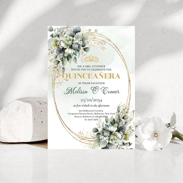 Dammgrön växtlighet Quinceañera Boho-inbjudan Inbjudningar (Dusty Green Greenery Quinceañera Boho Invitation)