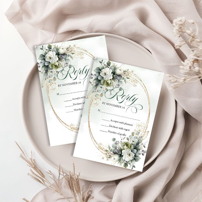 Dammgrönt bladverk Botanisk grön guldbröllop  OSA Kort (Dusty Green Foliage Botanical Green Gold Wedding RSVP Card)