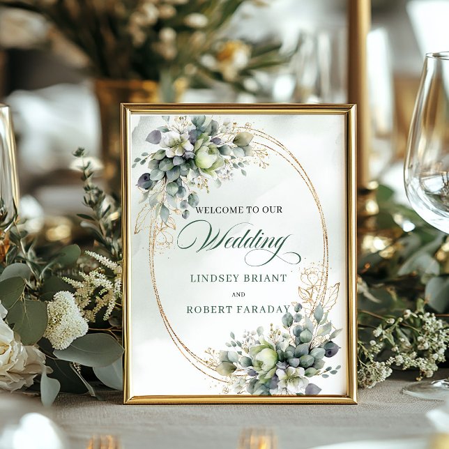 Dammgrönt bladverk Vattenfärg Bröllop Välkommen Poster (Dusty Green Foliage Watercolor Wedding Welcome)
