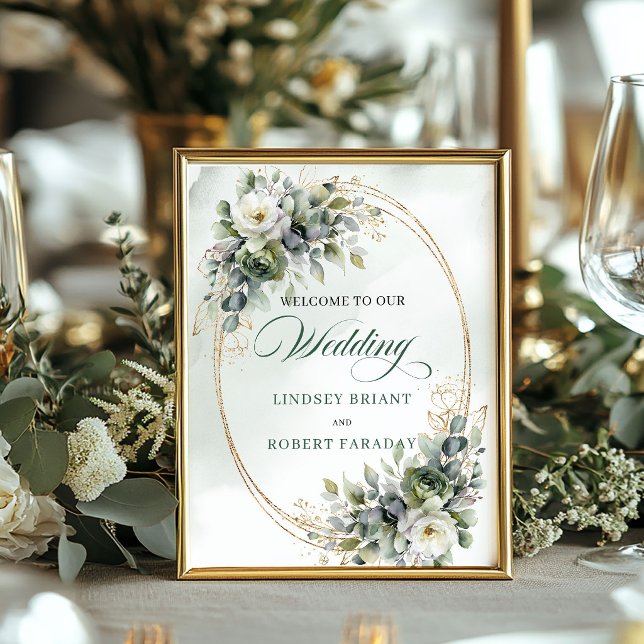Dammgrönt botaniskt bladbröllop välkomstskylt poster (Dusty Green Botanical Foliage Wedding Welcome Sign)