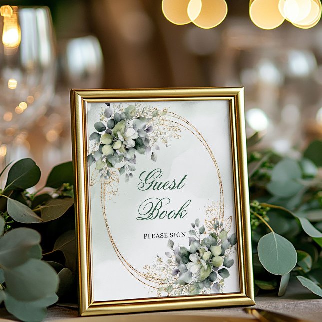 Dammgrönt botaniskt gästboksskylt för bordsskiva poster (Dusty Green Botanical Guest Book Tabletop Sign)