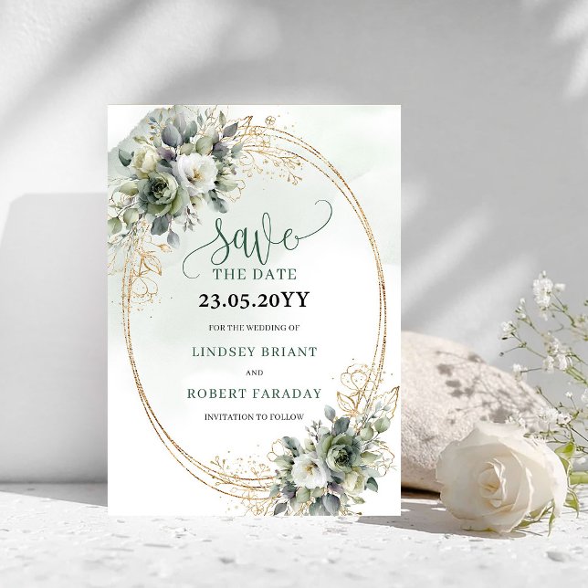 Dammgrönt botaniskt lövverk Spara datumet (Dusty Green Botanical Foliage Save The Date)