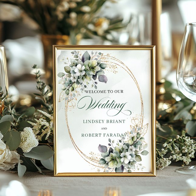Dammgrönt Eukalyptus Guld Bröllskap Välkomstskylt Poster (Dusty Green Eucalyptus Gold Wedding Welcome Sign)