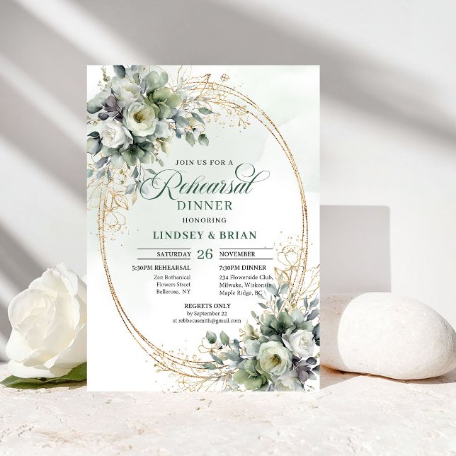 Dammgrönt Guld Foliage Övning Middag Inbjudan (Dusty Green Gold Foliage Rehearsal Dinner Invite)