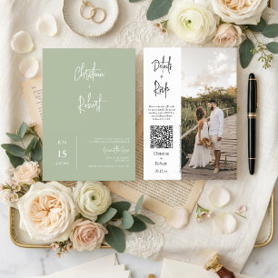 Dammgrönt minimalistiskt boho bröllopsfoto QR-kod Inbjudningar