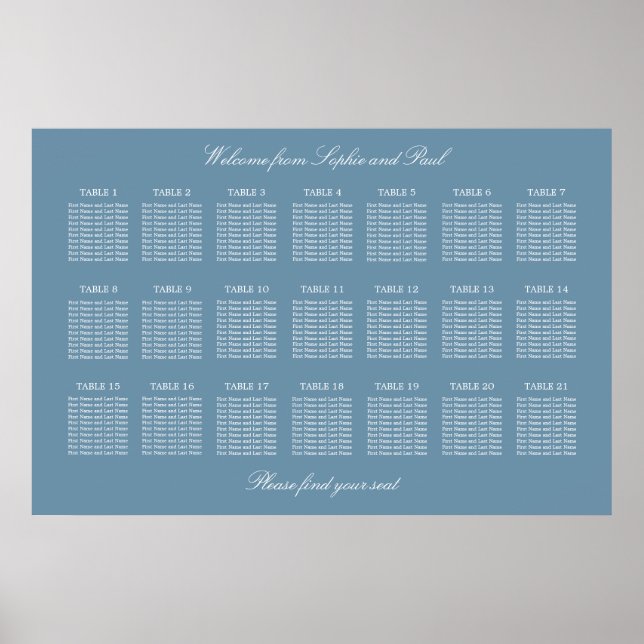 Dammig blå 21 bord Wedding Platsindelning Poster (Framsidan)