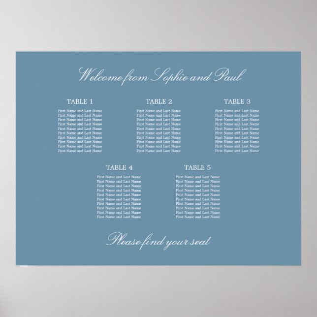 Dammig blå 5 bord Bröllopsställning Diagram Affisc Poster (Framsidan)