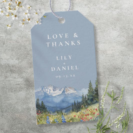 Dammig Blå Akrylmålning Berg Vildblomma Bröllop Presentetikett