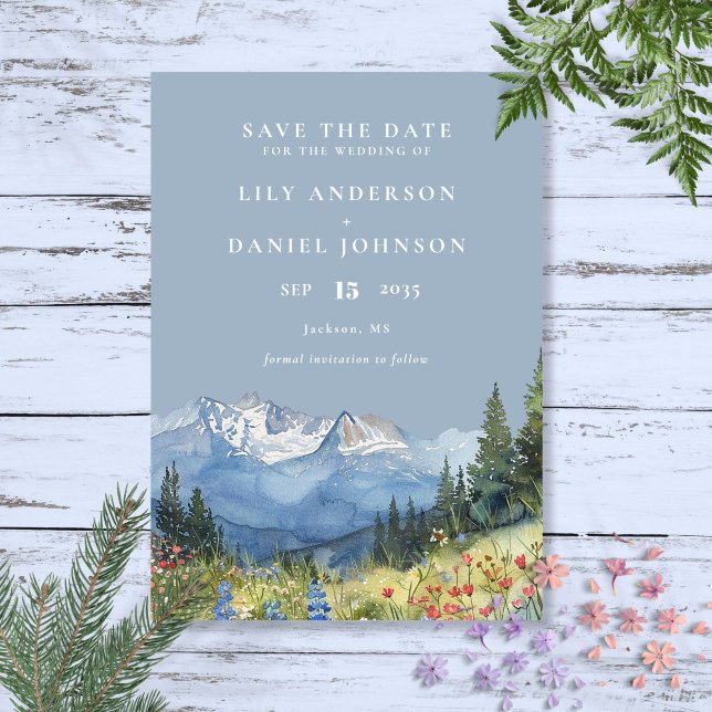Dammig blå akvarell berg vild blomster bröllop spara datumet (Dusty Blue Watercolor Mountain Wildflower Wedding Save The Date)
