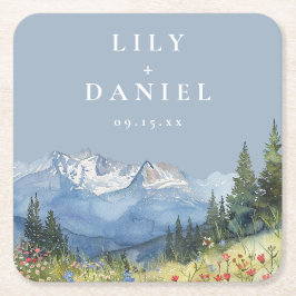 Dammig blå akvarell berg vildblomma bröllop underlägg papper kvadrat