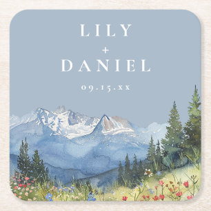 Dammig blå akvarell berg vildblomma bröllop underlägg papper kvadrat