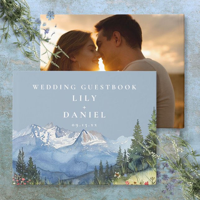 Dammig blå akvarell bergbröllopsfoto gästböcker (Dusty Blue Watercolor Mountain Wedding Photo Guest Book)