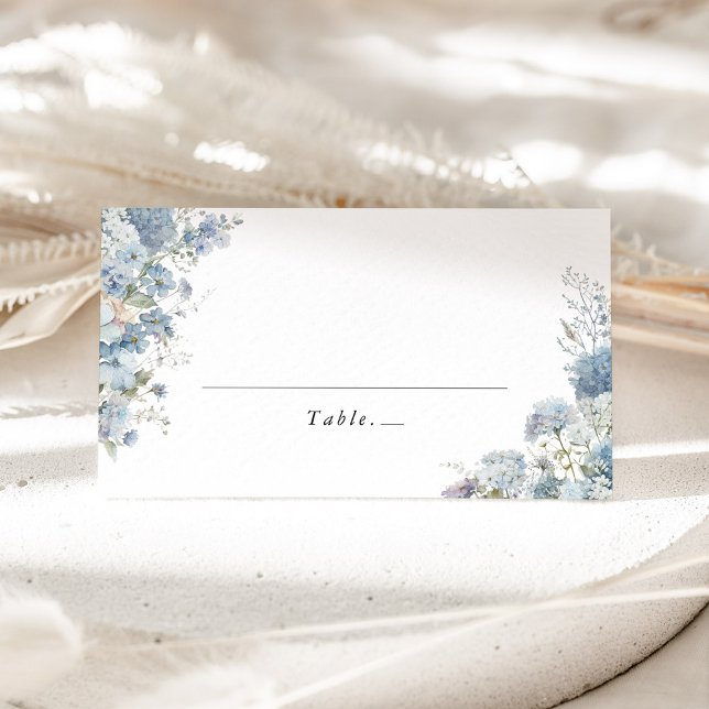 Dammig Blå Akvarell Blommig Bröllopsplatskort Placeringskort (Dusty blue watercolor floral wedding place card, minimalist table name card for wedding reception)