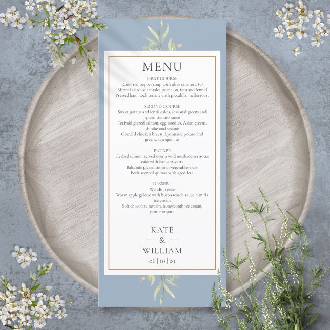 Dammig blå akvarell grönska bröllopsmiddagsmeny meny (Dusty Blue Watercolor Greenery Wedding Dinner Menu)