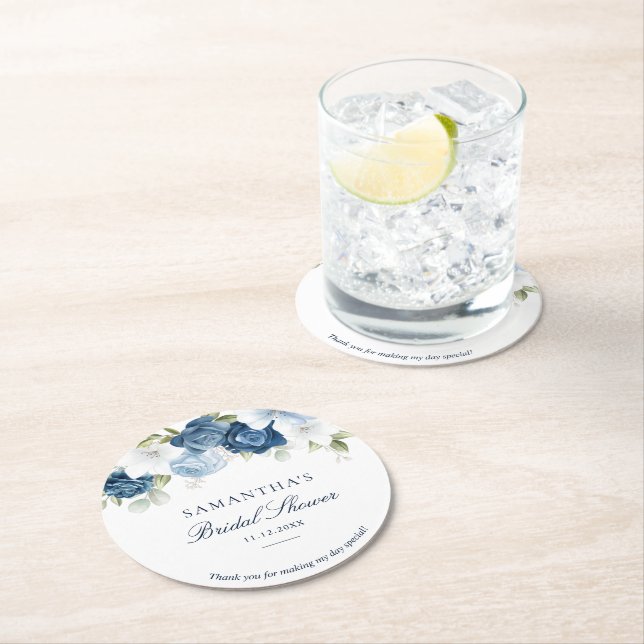 Dammig blå akvarellblomma Bröllopsdusch Underlägg Papper Rund (Insitu)