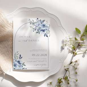 Dammig blå akvarellblommig bågbröllop inbjudningar